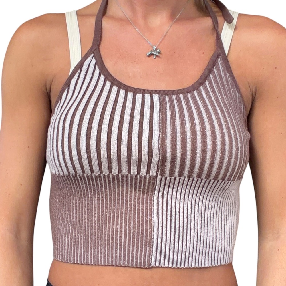 LA Hearts Women S Brown Tan Colorblock Ribbed Knit Halter Crop Top Boho Festival - Picture 3 of 12